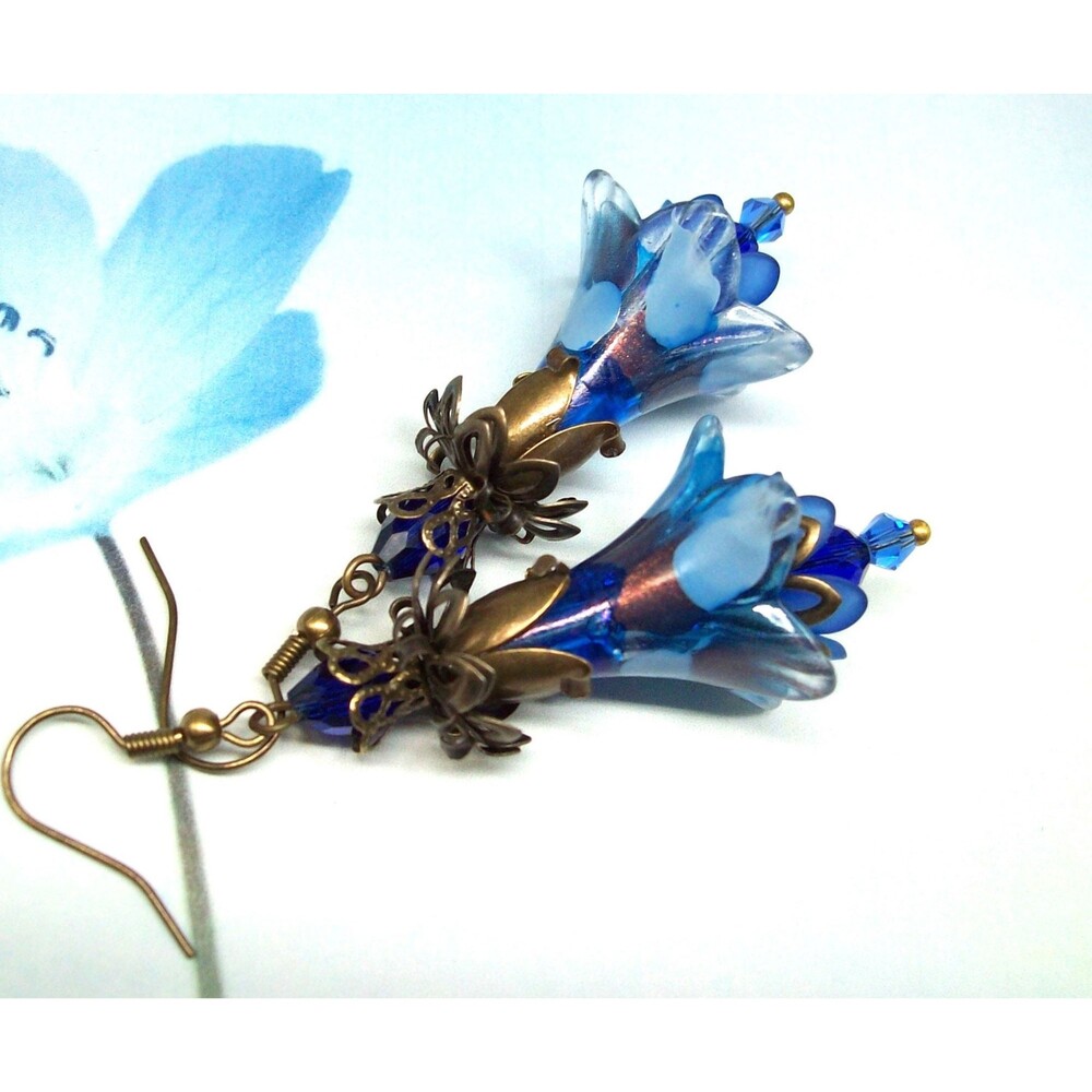 Boho Flower Earrings Dangle, Blue, Hand Painted,